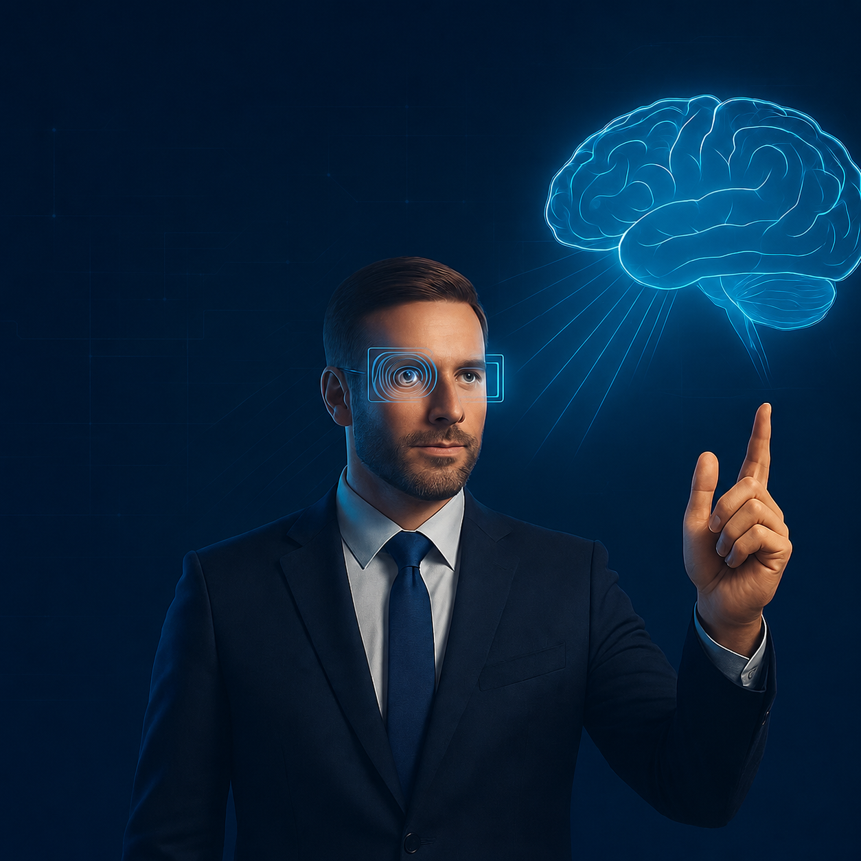 A focused professional using an illuminated visual interface beneath a glowing brain, representing intentional attention